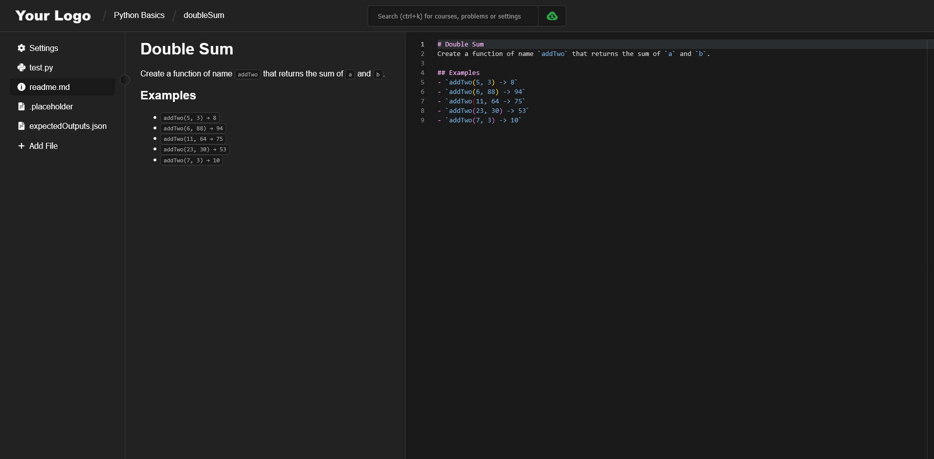 AlgoStudio manage view showing problem file structure and teacher controls