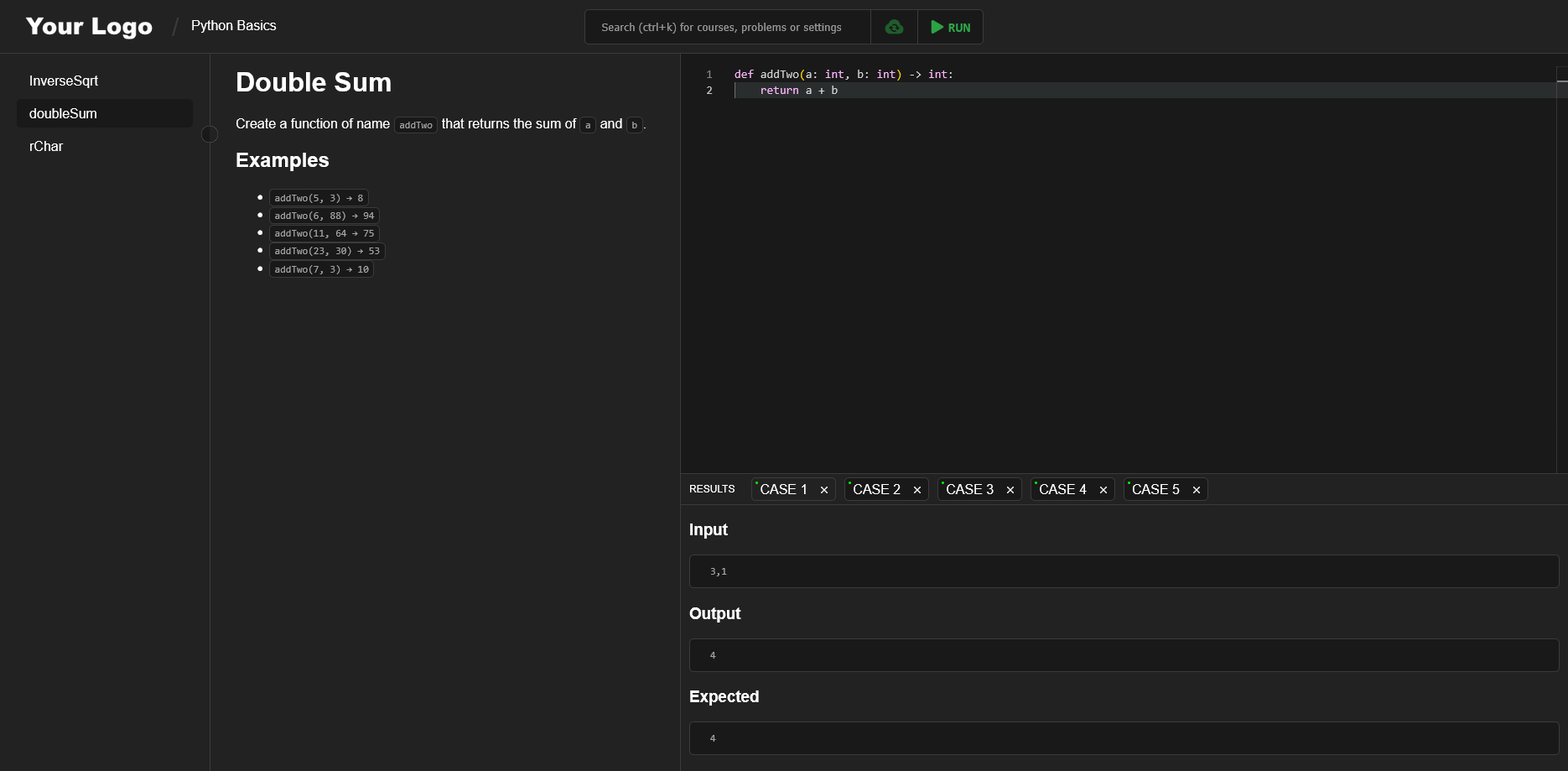 AlgoStudio problem solving view showing a code editor alongside problem description and test results